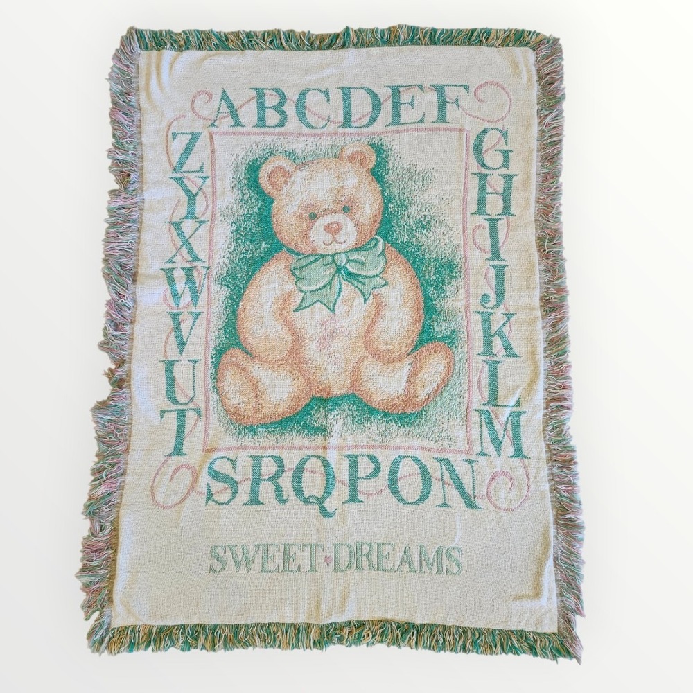 Vintage Baby Woven Tapestry Throw Blanket ABC Teddy Bear "Sweet Dreams" 34x46